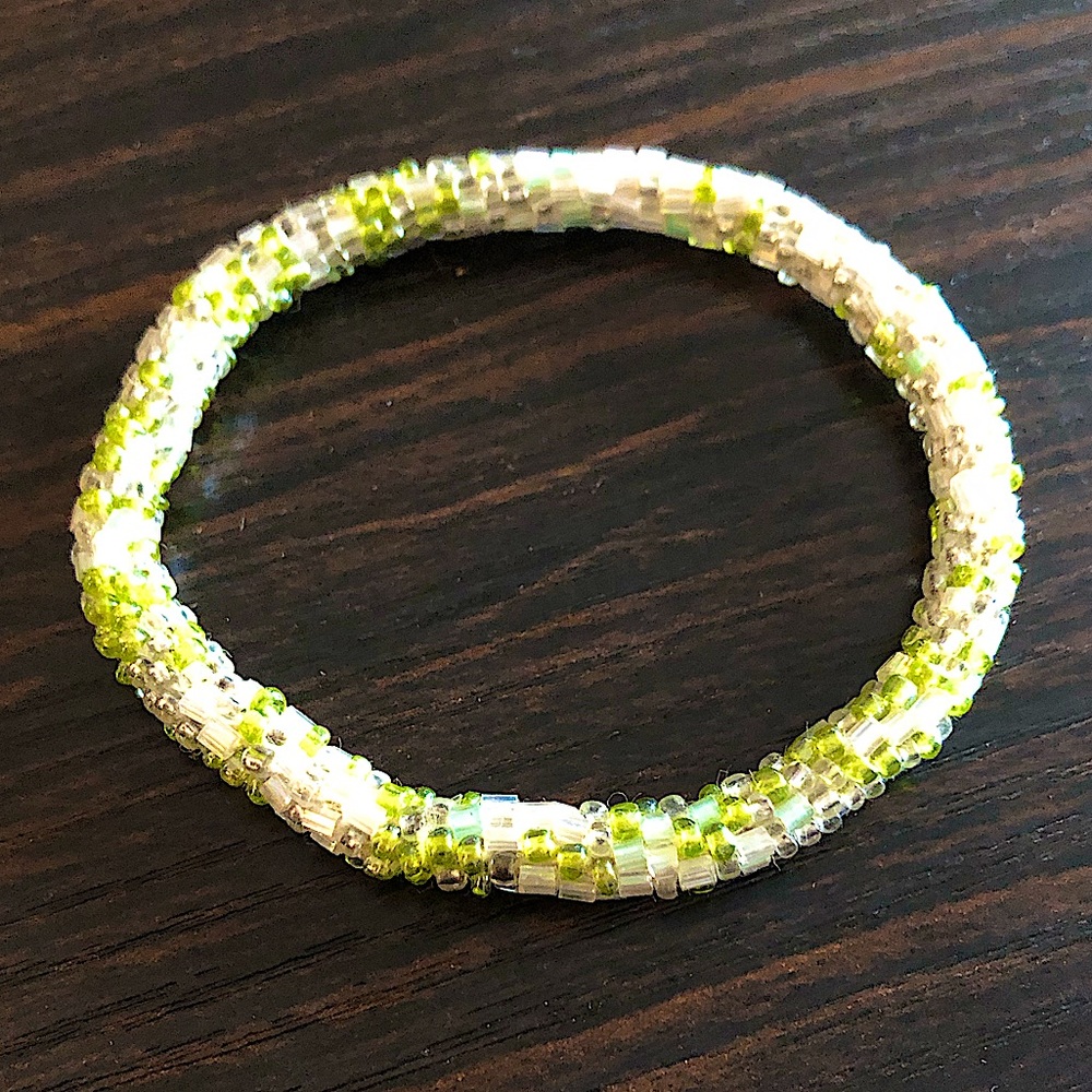 White and Green Beaded Roll-On Bracelet